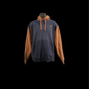 Champion Powerblend Fleece Hoodie Embroidered Logo Pullover Blue/Tan Mens Size L